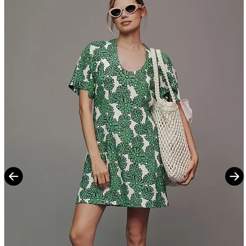 Porridge Clothing Mini Dress Green White Floral Linen Rayon Short Sleeve Small